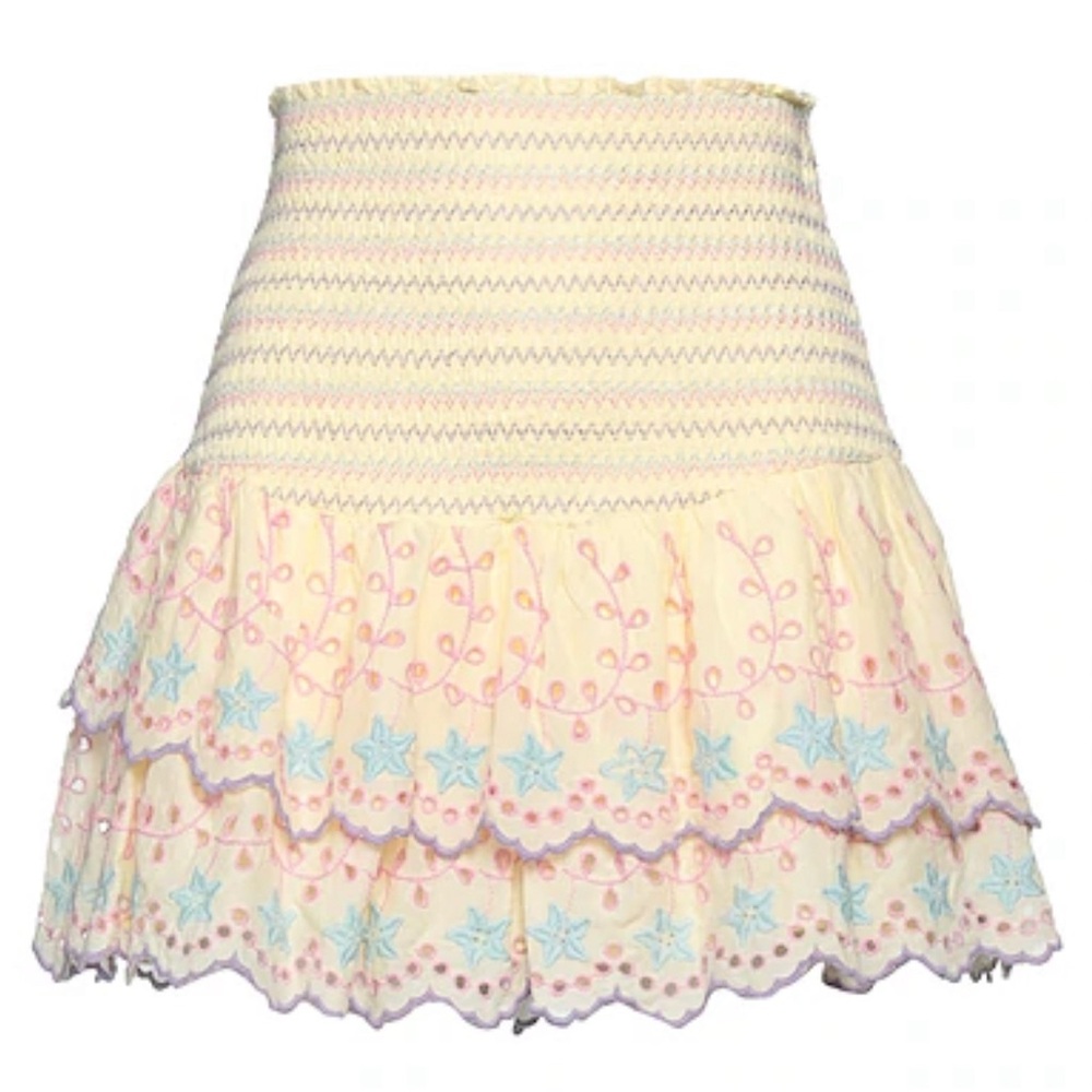 Loveshackfancy multi colored mini skirt.